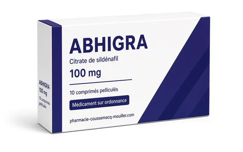 Boîte d'Abhigra 100 mg comprimés bleus de sildénafil Pharmacie Coussemacq Mouiller