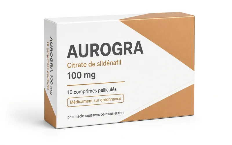 Boîte d'Aurogra 100 mg comprimés rouges de sildénafil Pharmacie Coussemacq Mouiller