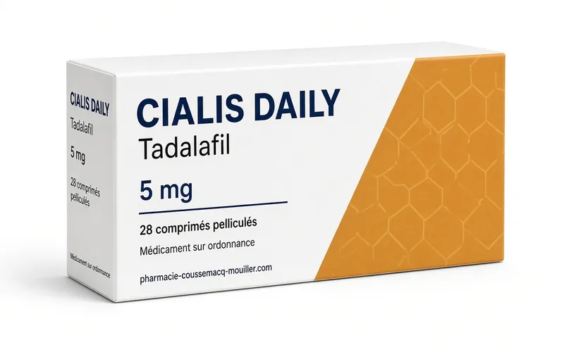 Boîte et comprimés de Cialis Daily 2,5 mg Pharmacie Coussemacq Mouiller