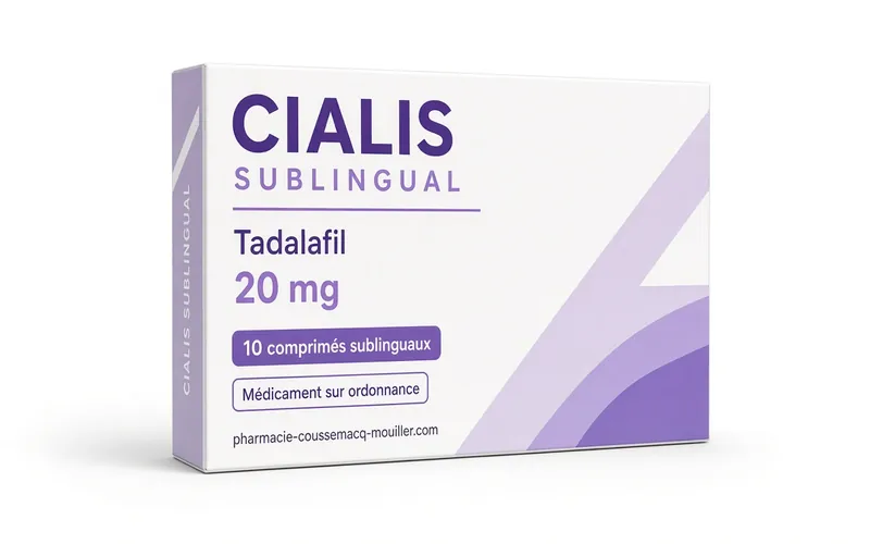 Boîte et plaquette de Cialis Sublingual 20 mg comprimés Tadalafil Pharmacie Coussemacq Mouiller