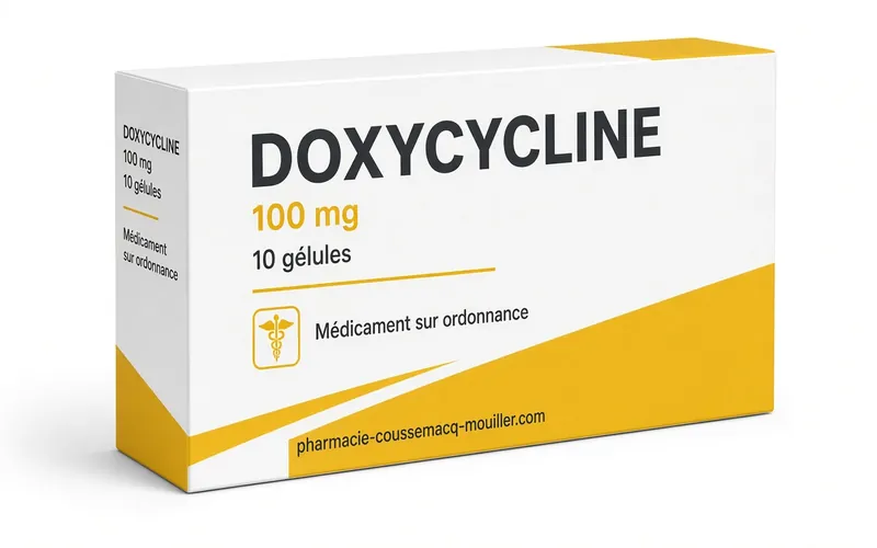 Boîte et gélules de Doxycycline 100 mg antibiotique tétracycline Pharmacie Coussemacq Mouiller