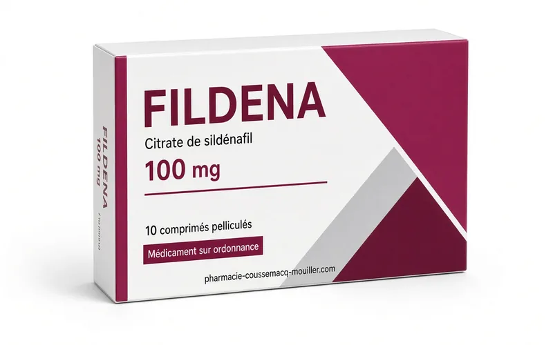 Boîte de Fildena 100 mg comprimés violets de sildénafil Pharmacie Coussemacq Mouiller