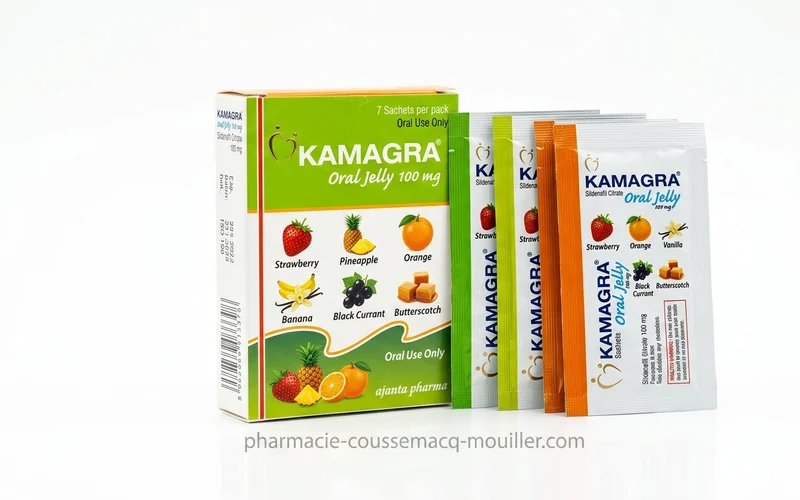 Boîte et sachets de Kamagra Oral Jelly 100 mg gelée orale Sildénafil Pharmacie Coussemacq Mouiller