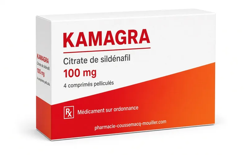 Boîte et plaquette de Kamagra 100 mg comprimés pelliculés Sildénafil Pharmacie Coussemacq Mouiller