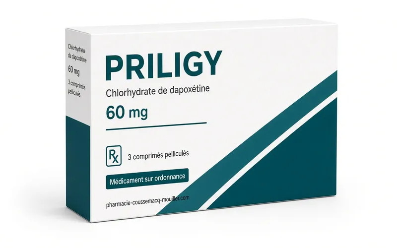 Boîte et comprimés de Priligy générique dapoxétine Pharmacie Coussemacq Mouiller
