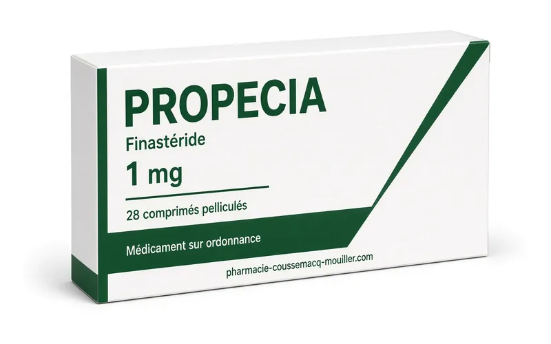 Boîte et comprimés de Propecia générique 1 mg Finastéride Pharmacie Coussemacq Mouiller