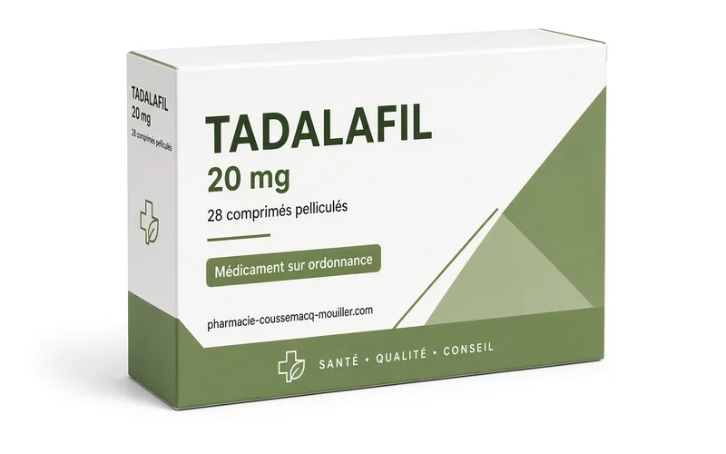 Boîte et comprimés de Tadalafil 20 mg Pharmacie Coussemacq Mouiller