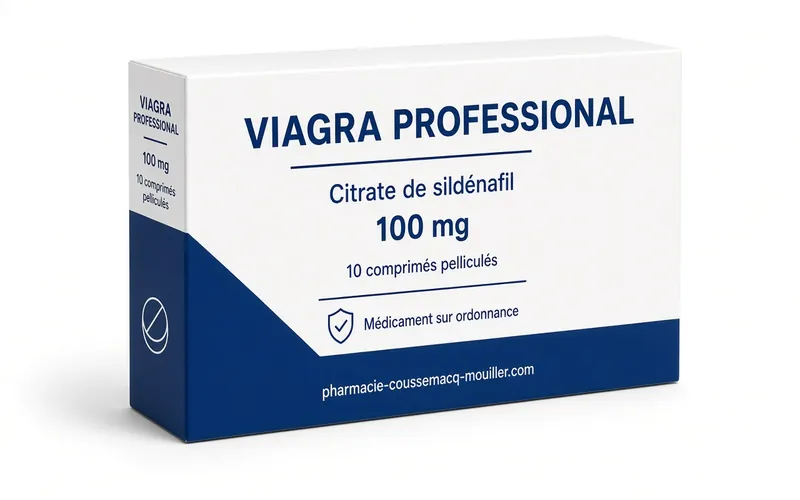 Boîte et comprimés de Viagra Professional 100 mg sildénafil Pharmacie Coussemacq Mouiller