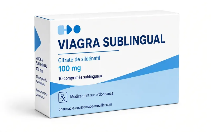 Boîte et comprimés de Viagra Sublingual 100 mg sildénafil Pharmacie Coussemacq Mouiller